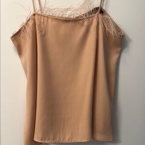 Feather-Trim Spaghetti Strap Cami in Peach